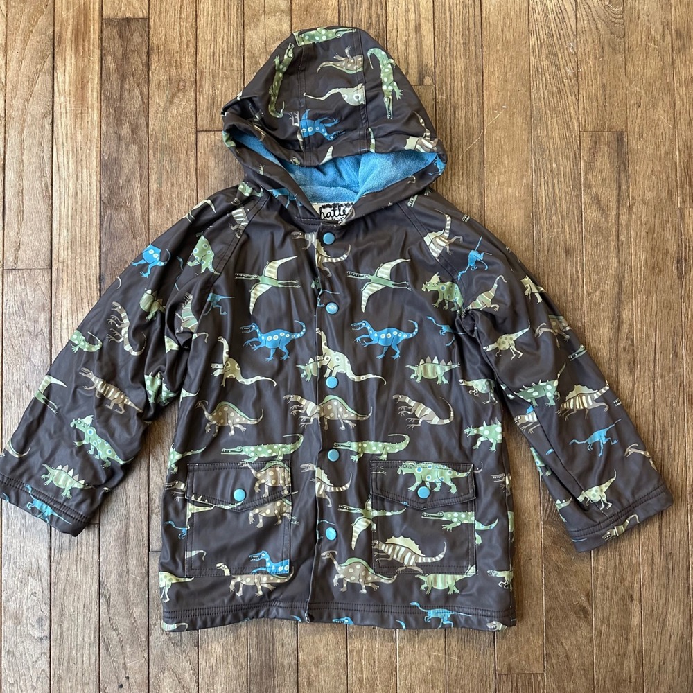 Hatley Kids Dinosaur Print Rain Jacket Hooded Size 7 Brown Blue Green‎ Lined